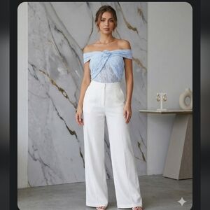 Off-Shoulder Lace Blue With Floral Brooch Top Blouse